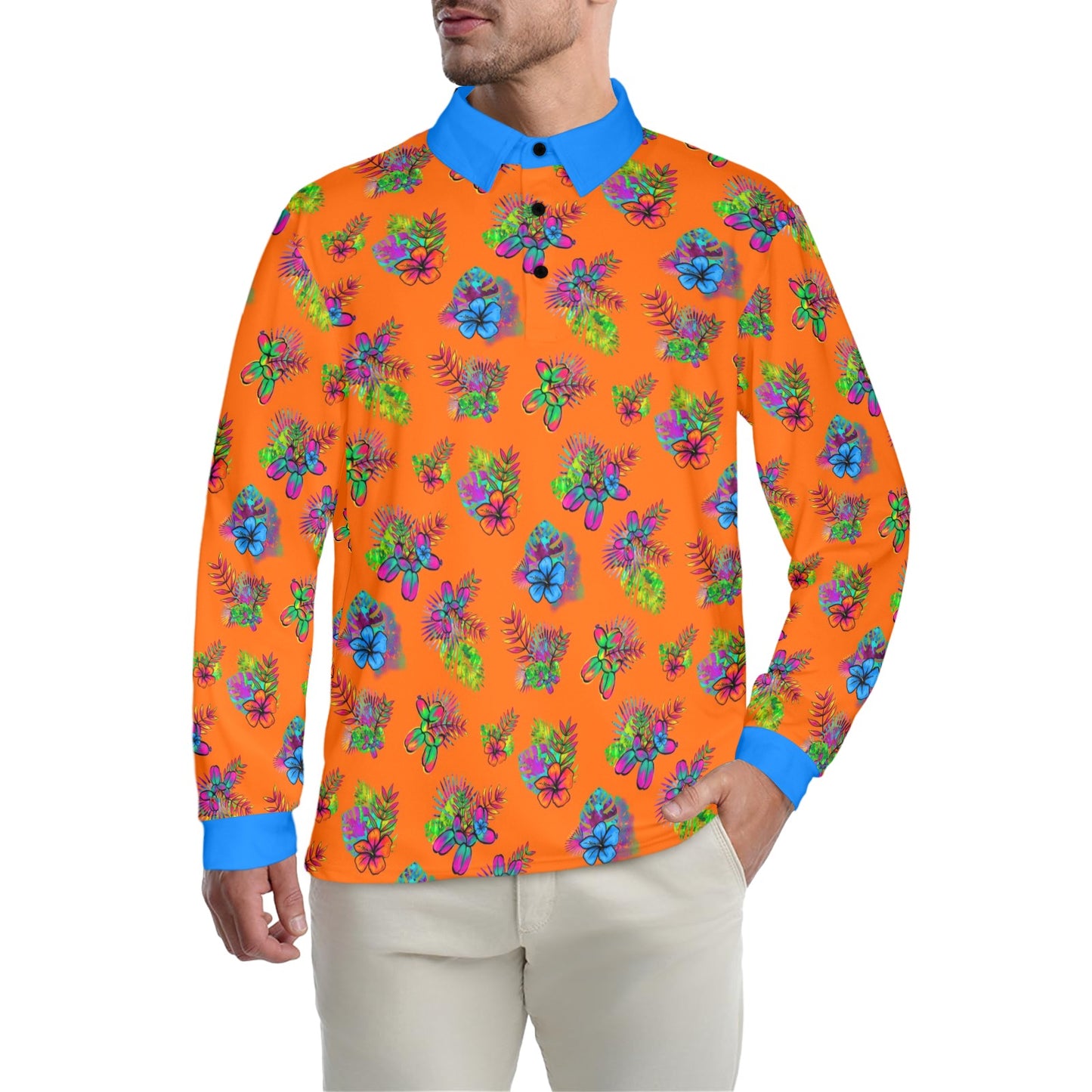 Long sleeve polo shirt orange with balloon dogs and tropical flowers