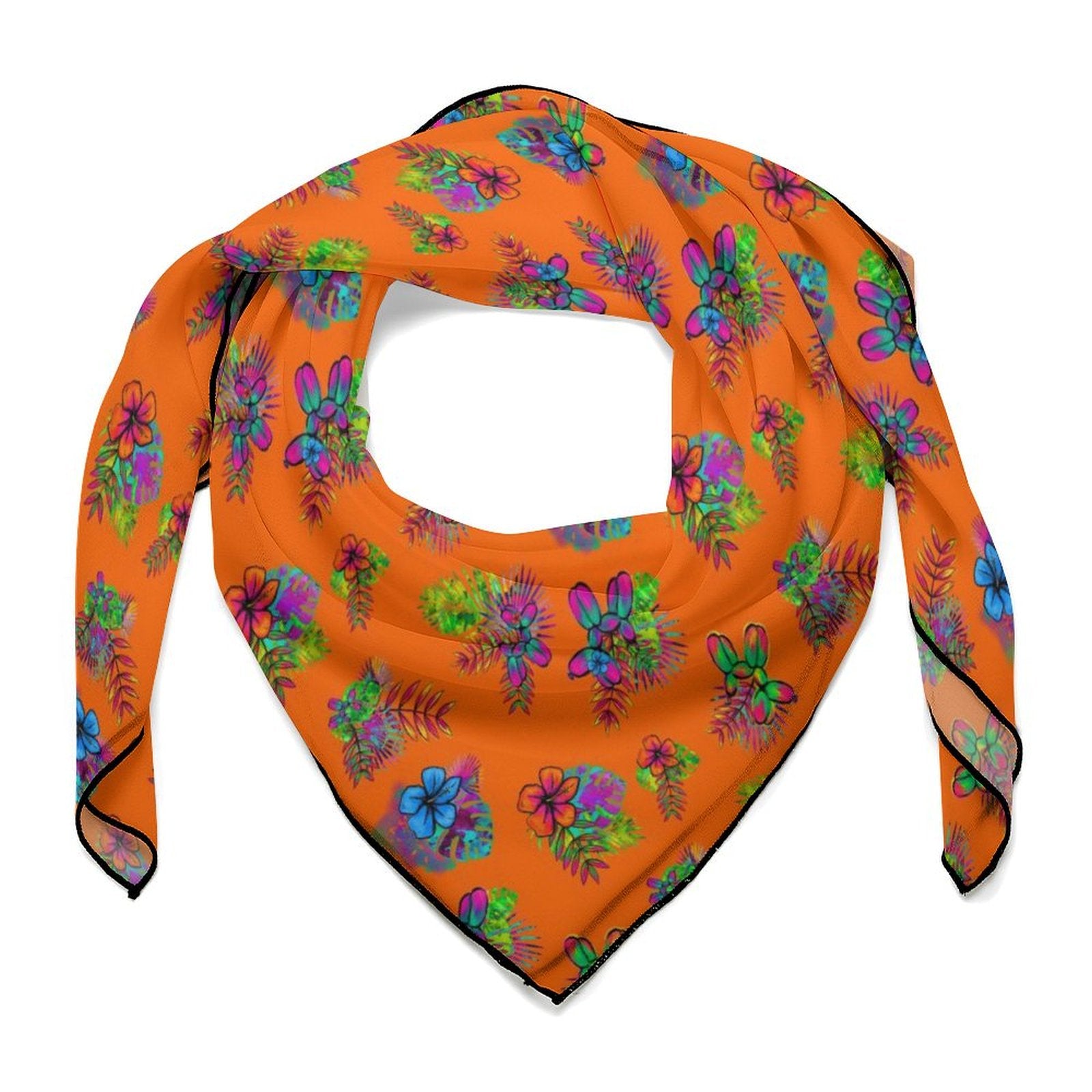 Orange scarf with balloon dogs and tropical flowers