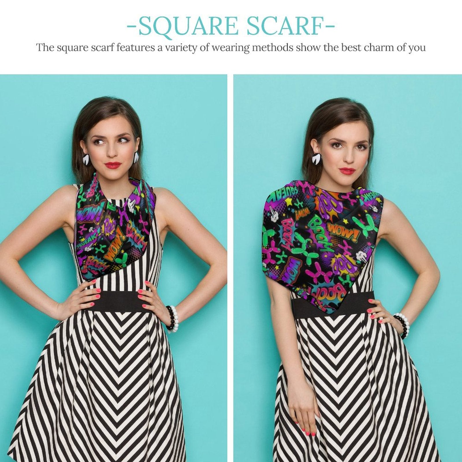 Fun and colourful scarf with balloon dogs and pop art text