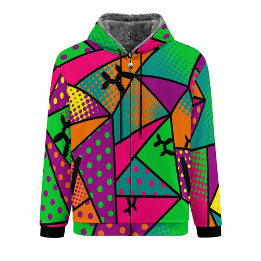Colorful geometric patterned hoodie with balloon dogs