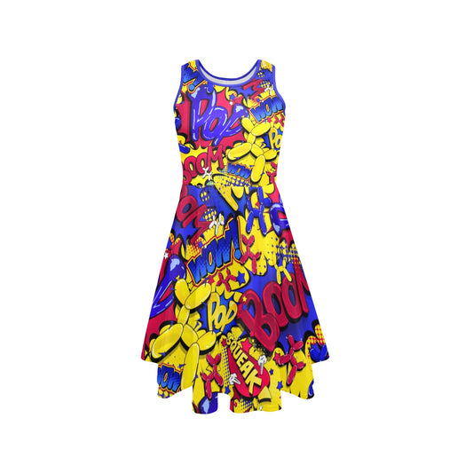 Comic book dress with balloon dogs and pop art text
