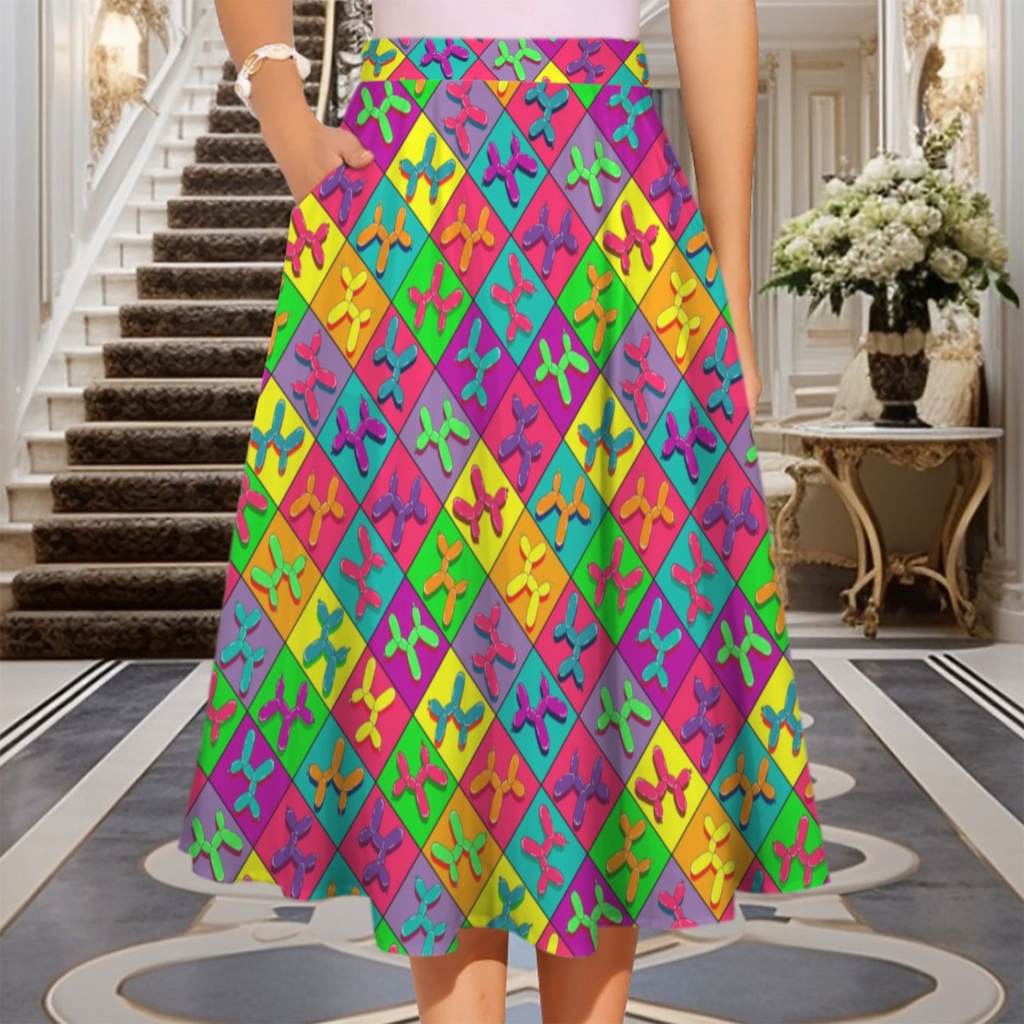 Colourful balloon dog pattern skirt for balloon twisters