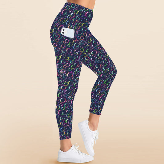 Rainbow bubbles on navy leggings with pockets