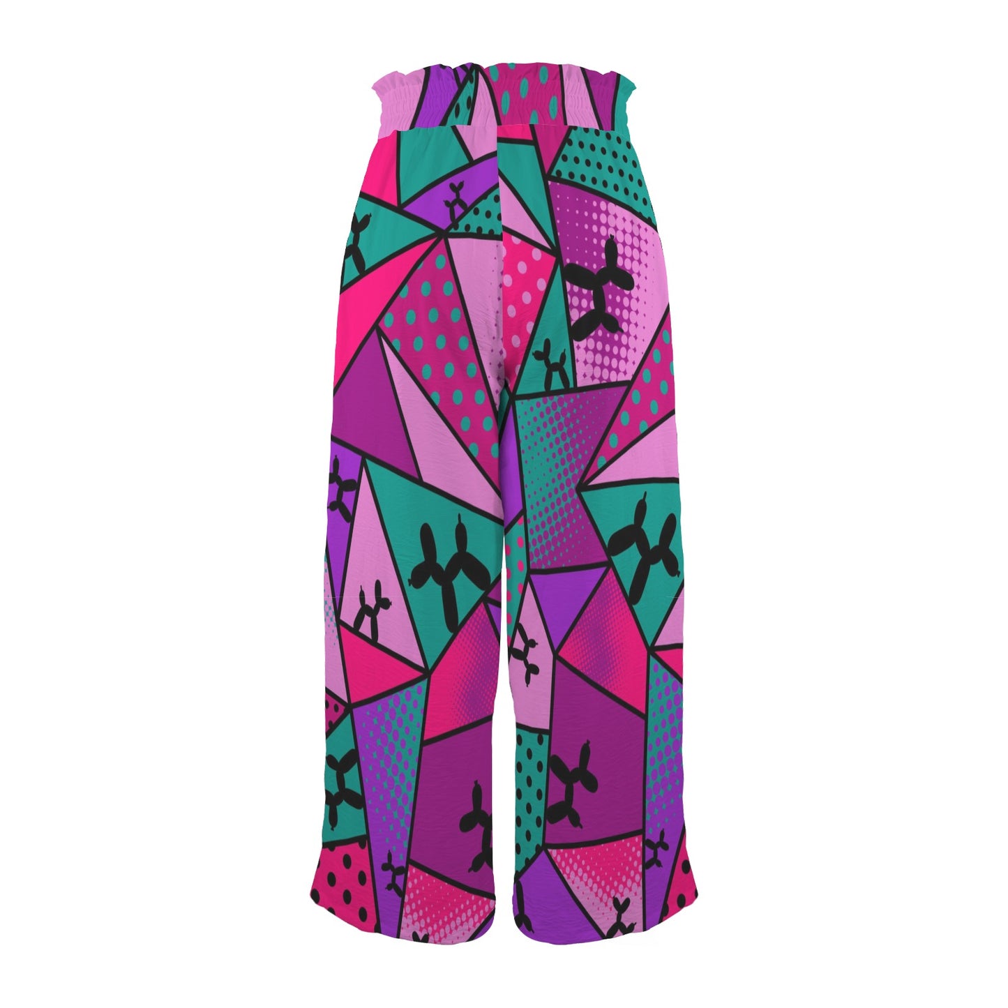 Amazing pants for balloon twisting, pink and purple with black balloon dogs