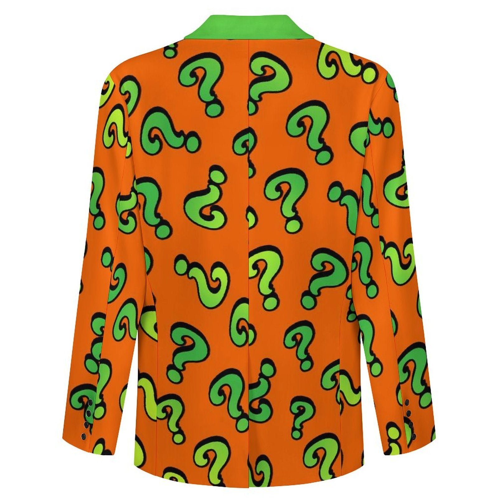 Bright orange and green suit jacket with green question marks