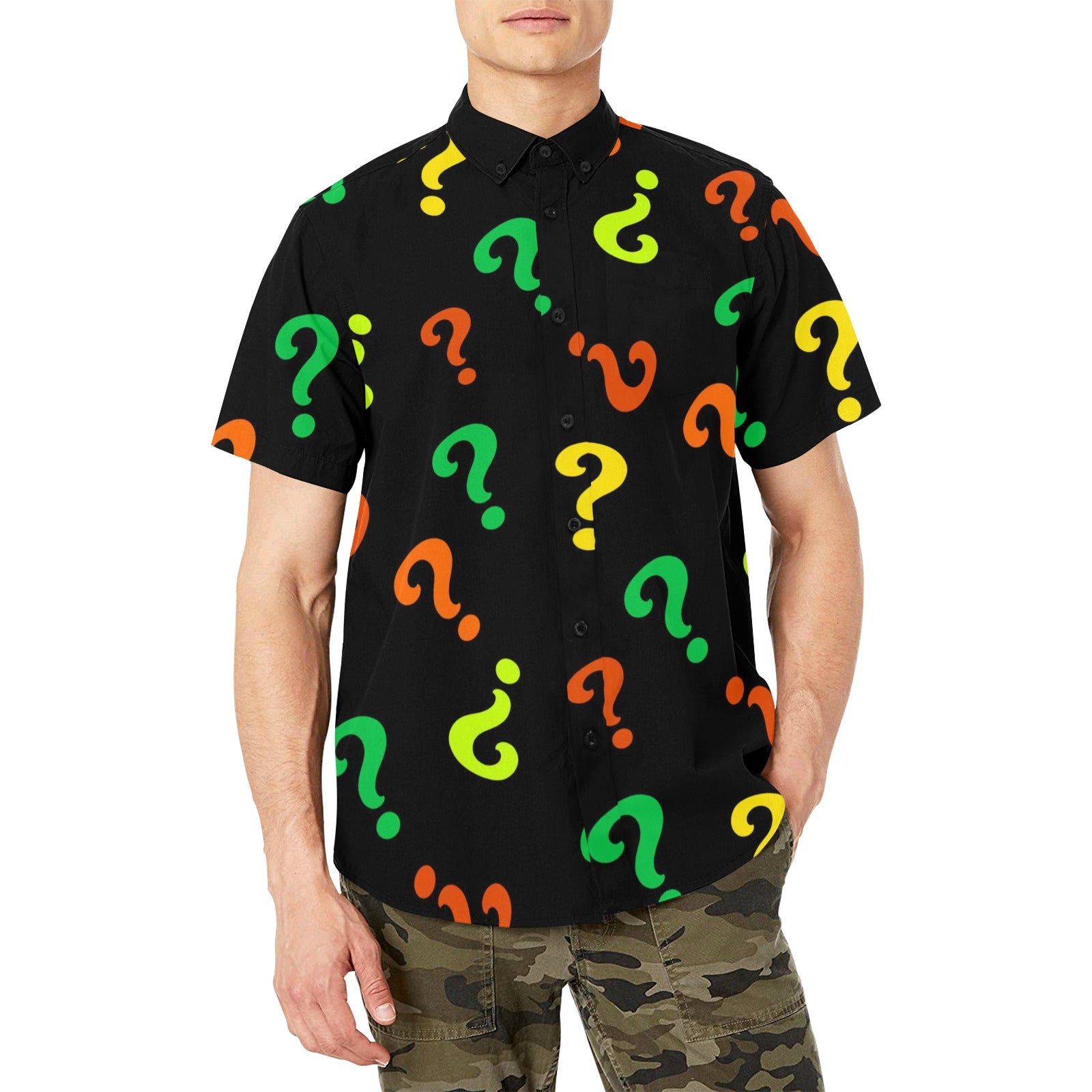 Person wearing a black shirt with colorful question mark pattern on a white background