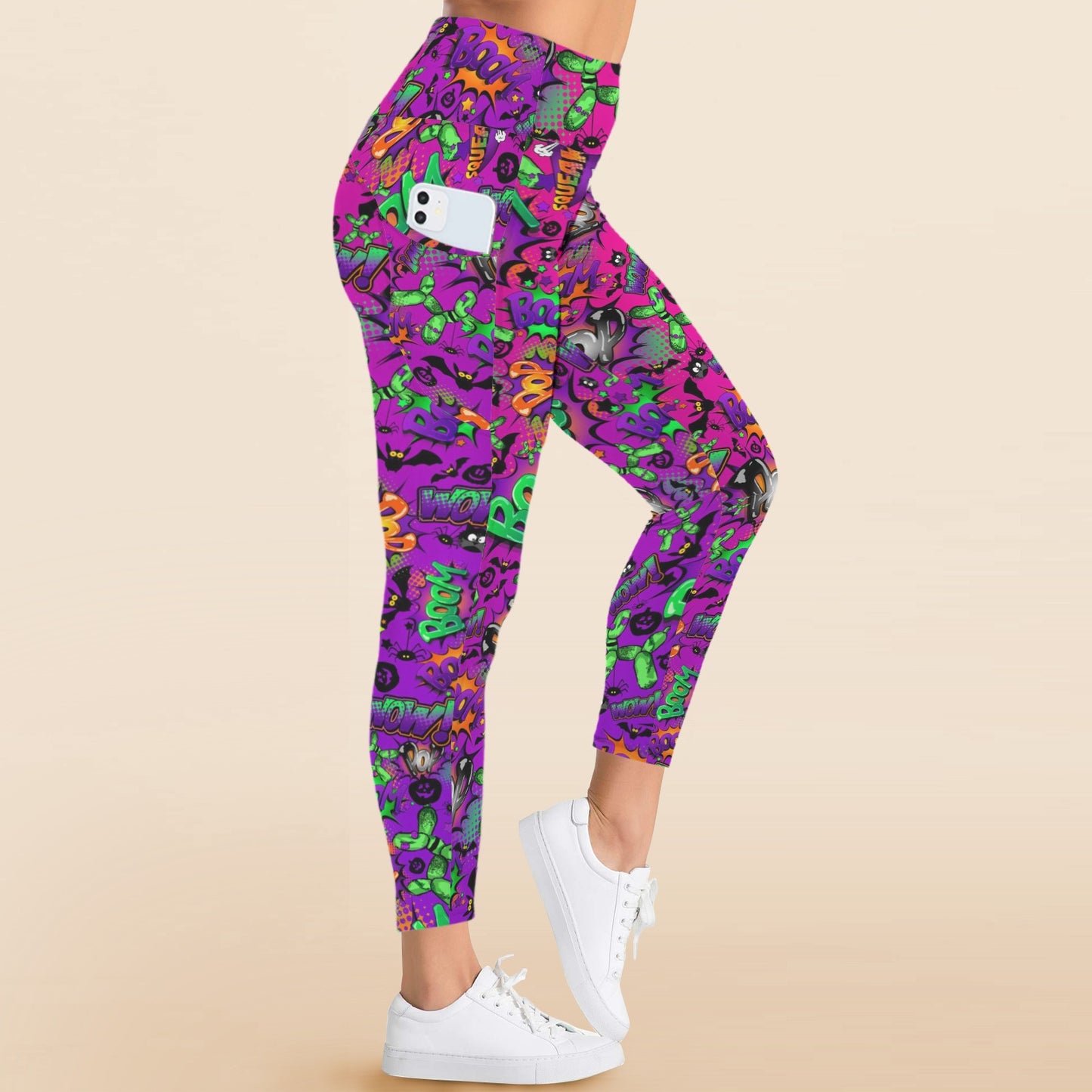 Purple Halloween Leggings with pockets for balloon twisters