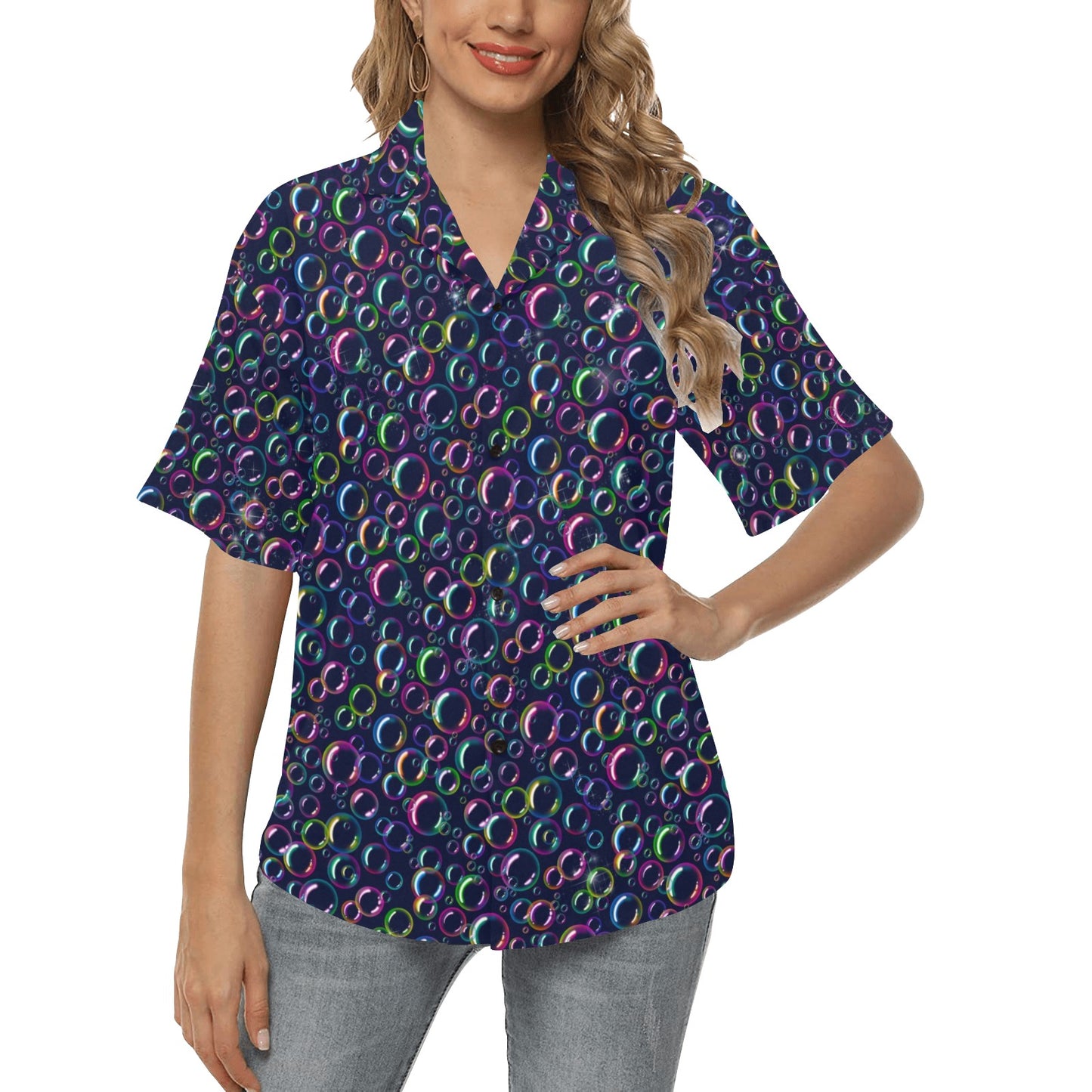 Bubbles on navy Hawaiian shirt for bubble artists