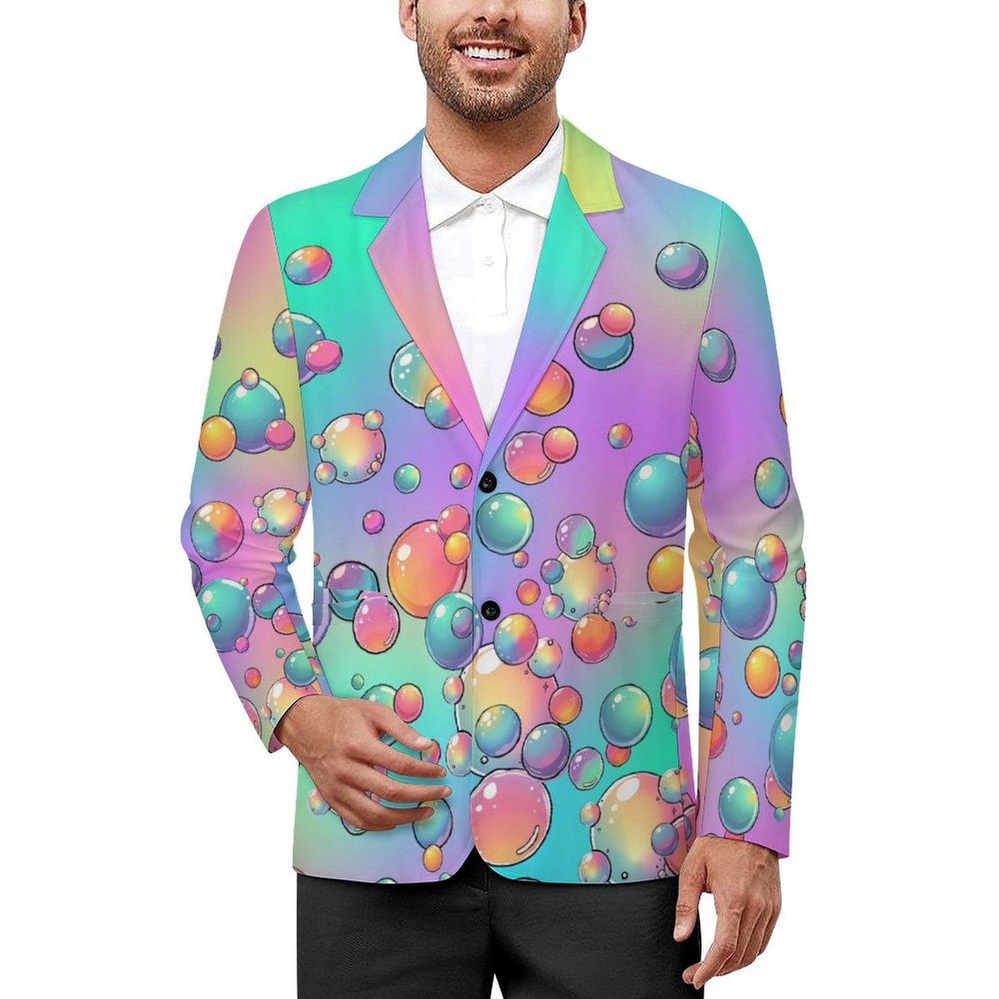 Suit jacket for bubble artists with rainbow bubble design