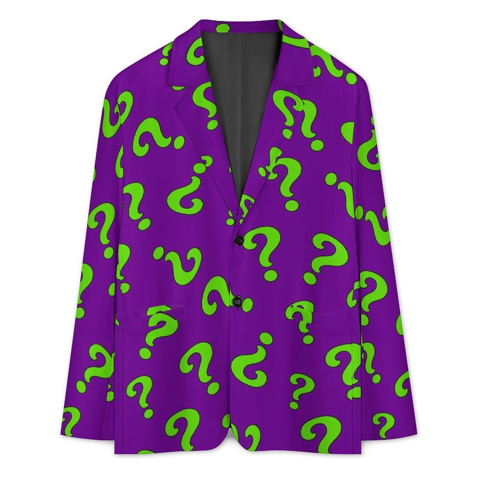 Purple blazer with green question mark pattern on a white background
