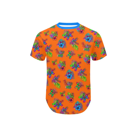 Orange Balloon artist shirt with tropical flowers and balloon dogs