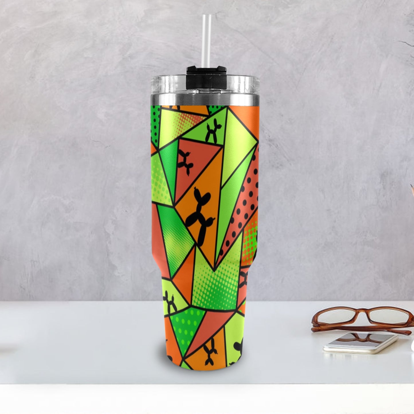 Face Painter cup with balloon dogs orange and green