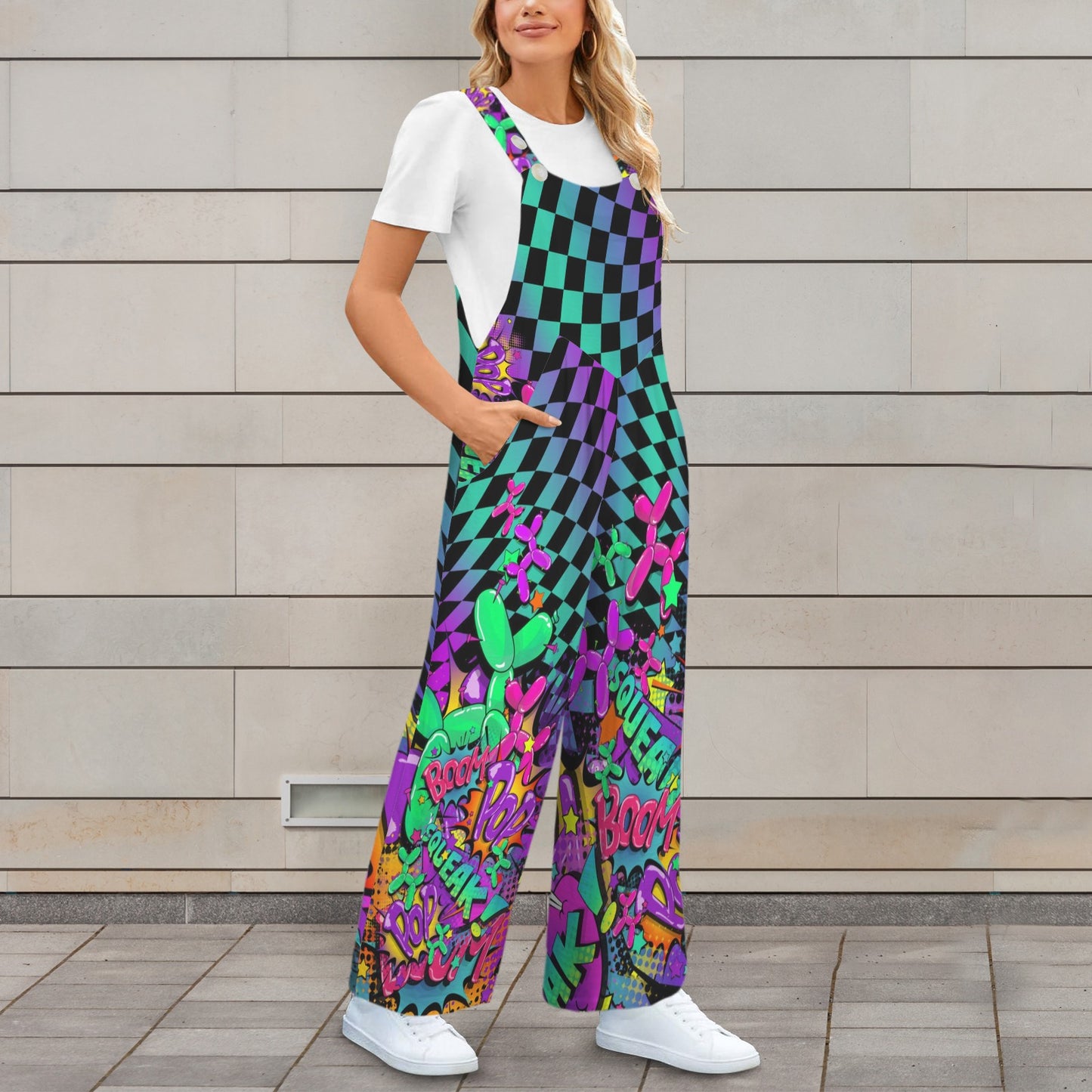 Colourful jumpsuit for balloon twisters with balloon dog design
