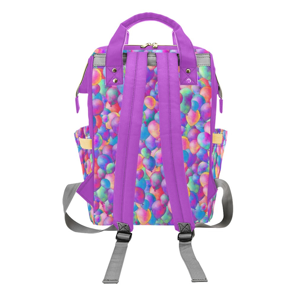 Backpack with colourful helium balloons