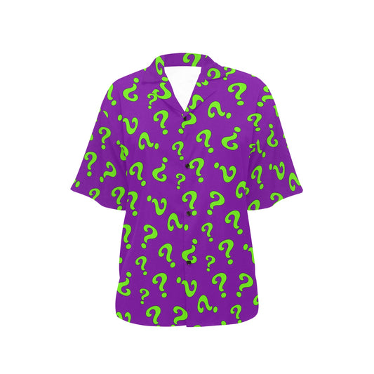 Purple Hawaiian shirt with green question mark pattern
