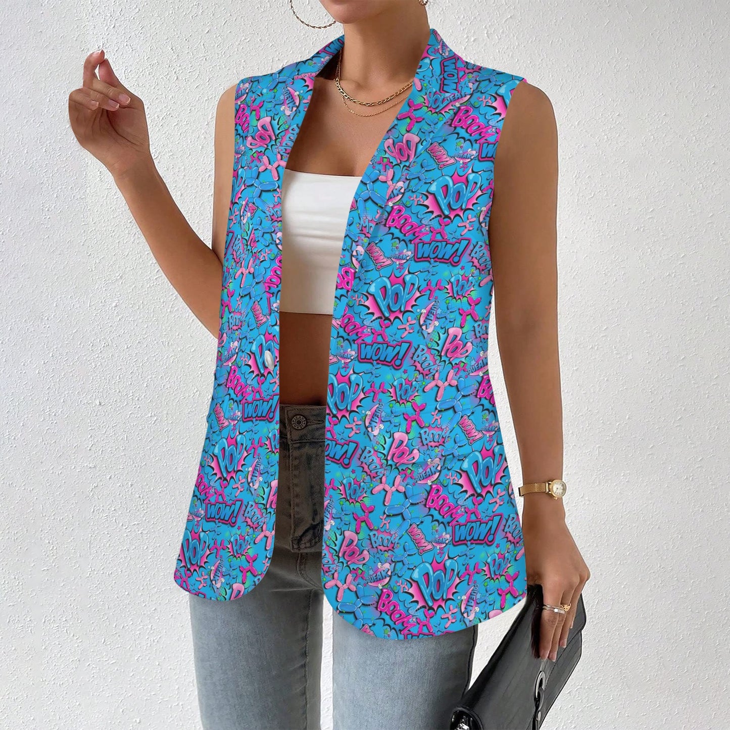 Blue and pink balloon dogs on a vest for balloon twisting