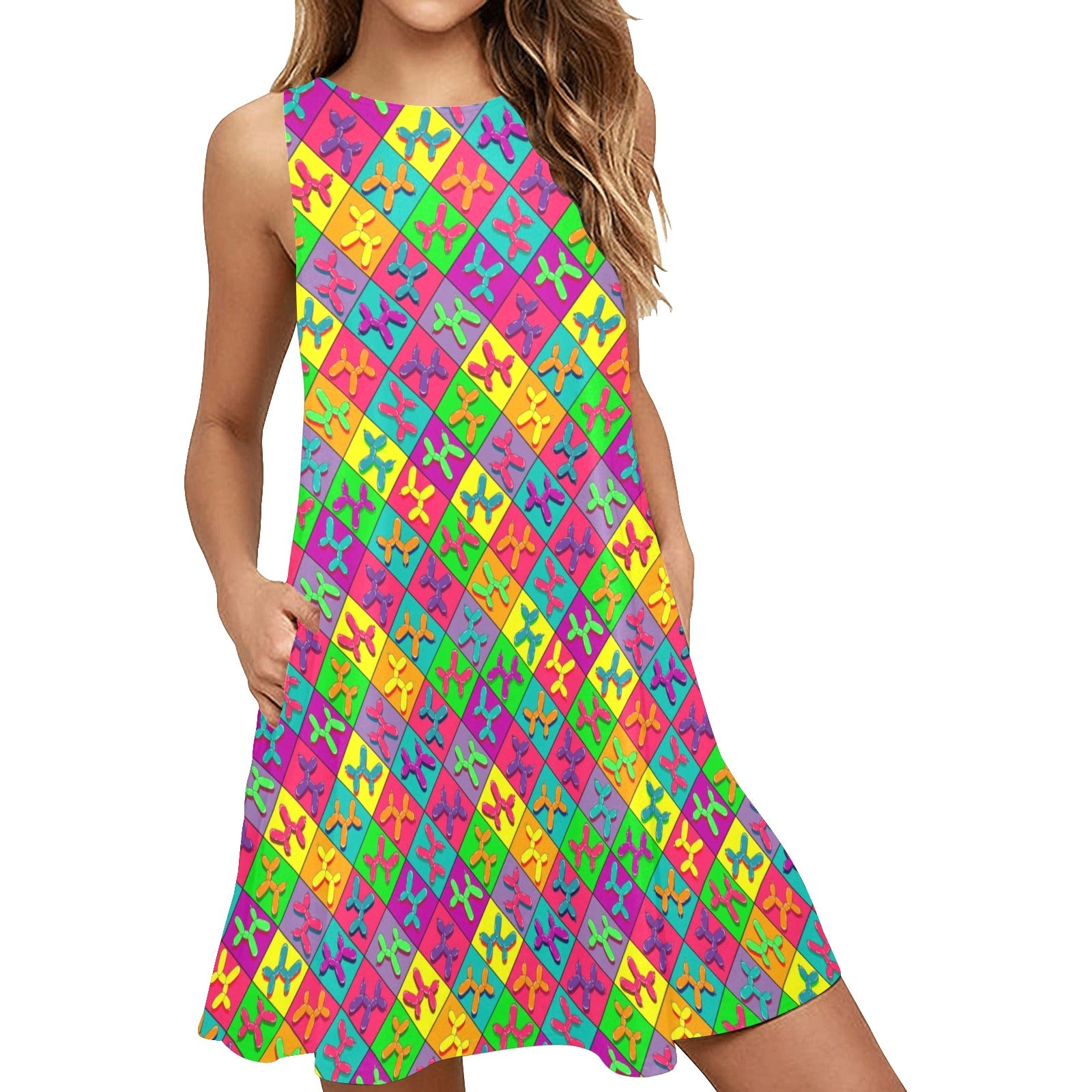 Retro Dog - Flared Shift Dress with Pockets for Balloon Artists 2XL Retro Dog - Flared Shift Dress with Pockets for Balloon Artists 2XL