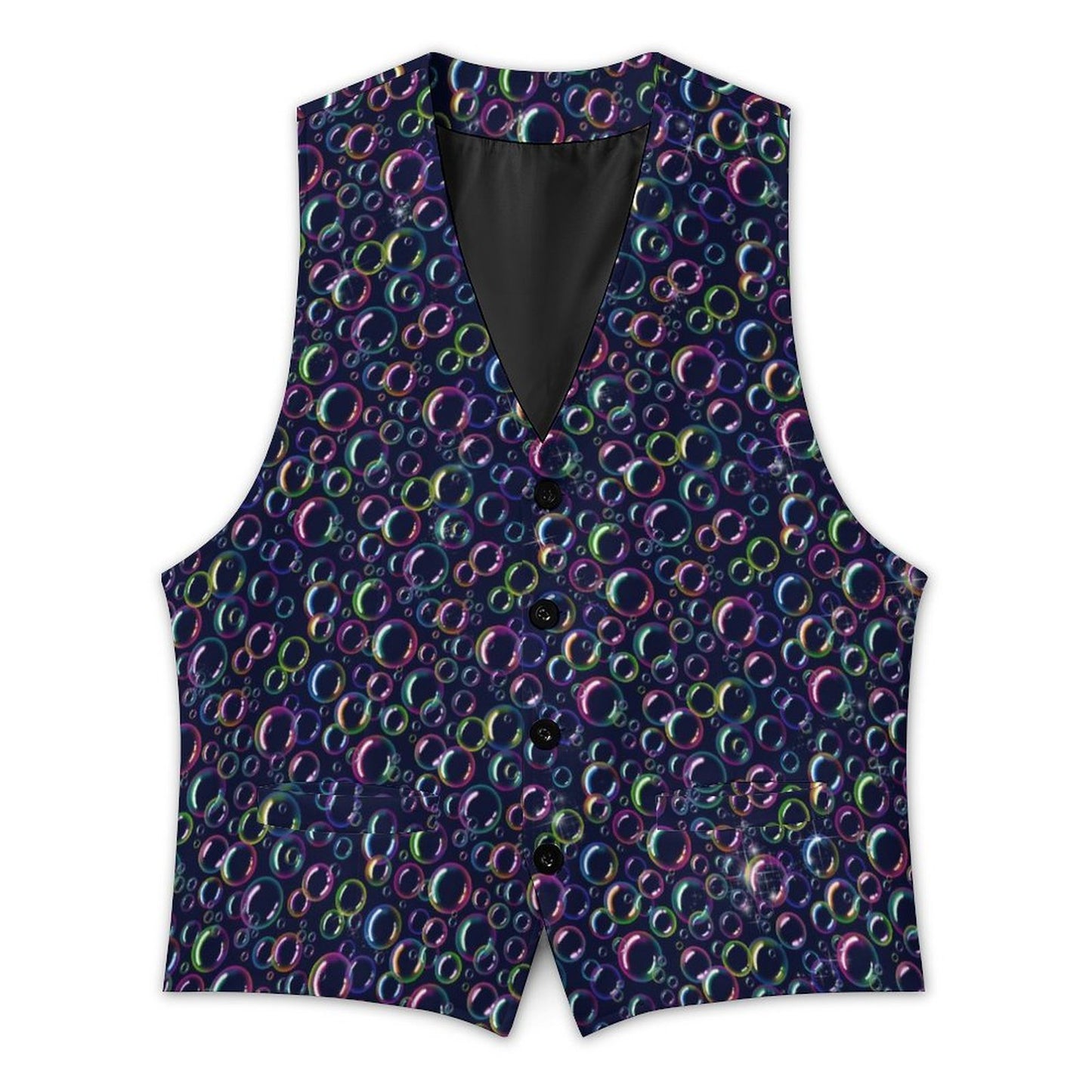 Navy vest with colourful bubbles for bubble blowing entertainers
