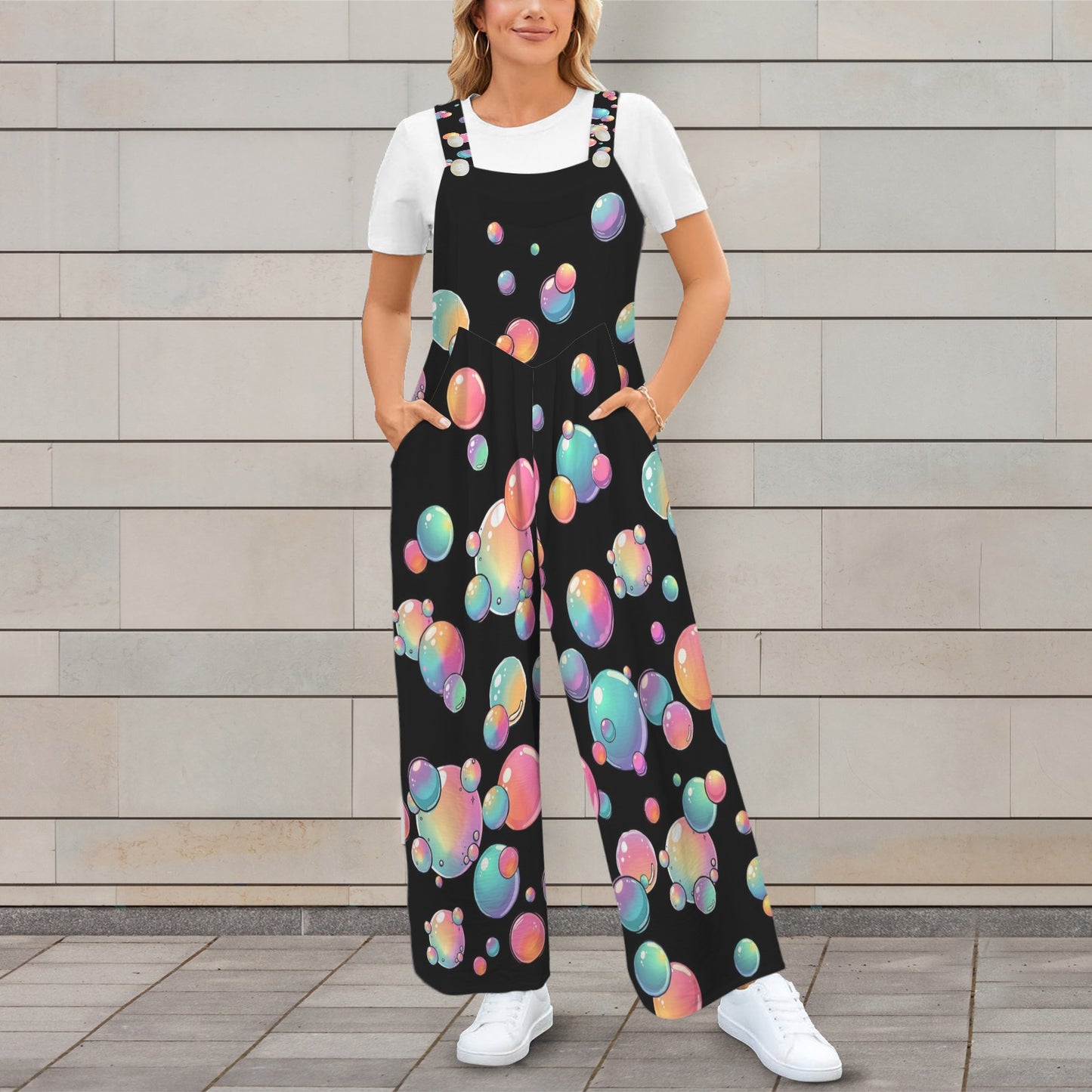 Black Overalls with rainbow bubble design for bubble artists and entertainers
