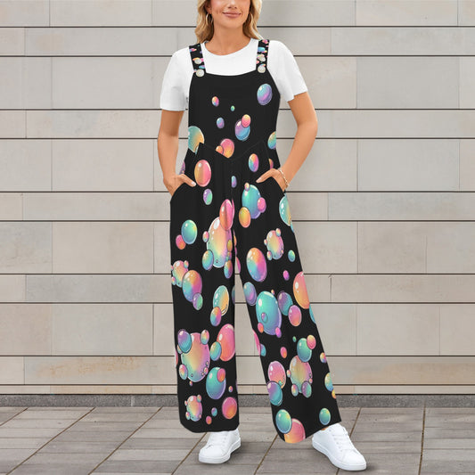 Black Overalls with rainbow bubble design for bubble artists and entertainers