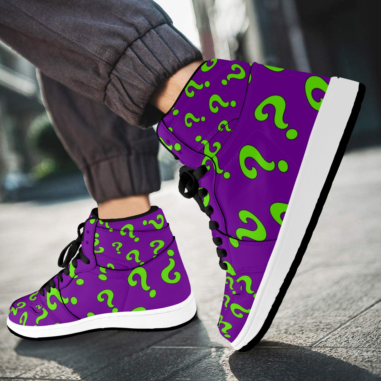 Purple magician high-top sneakers with green question marks