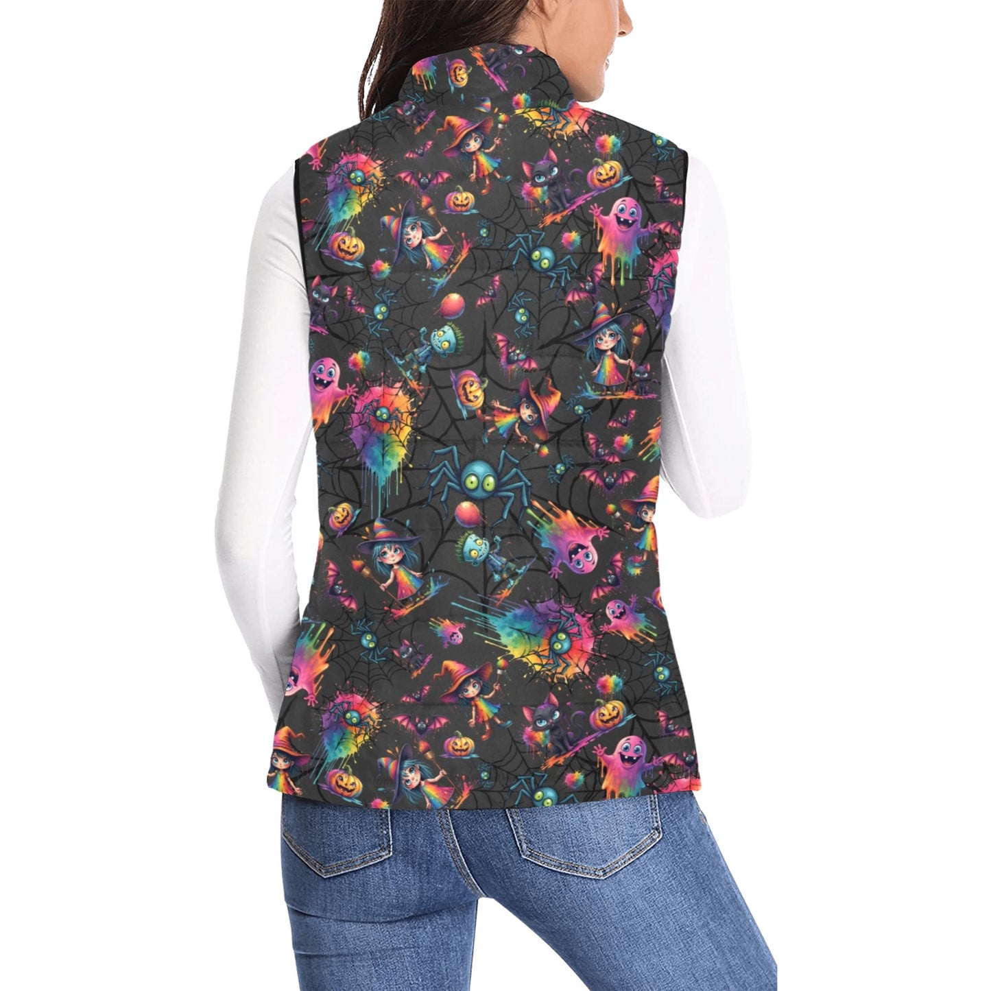 Woman wearing a black padded vest with fun colourful Halloween Design pattern for Face Painters