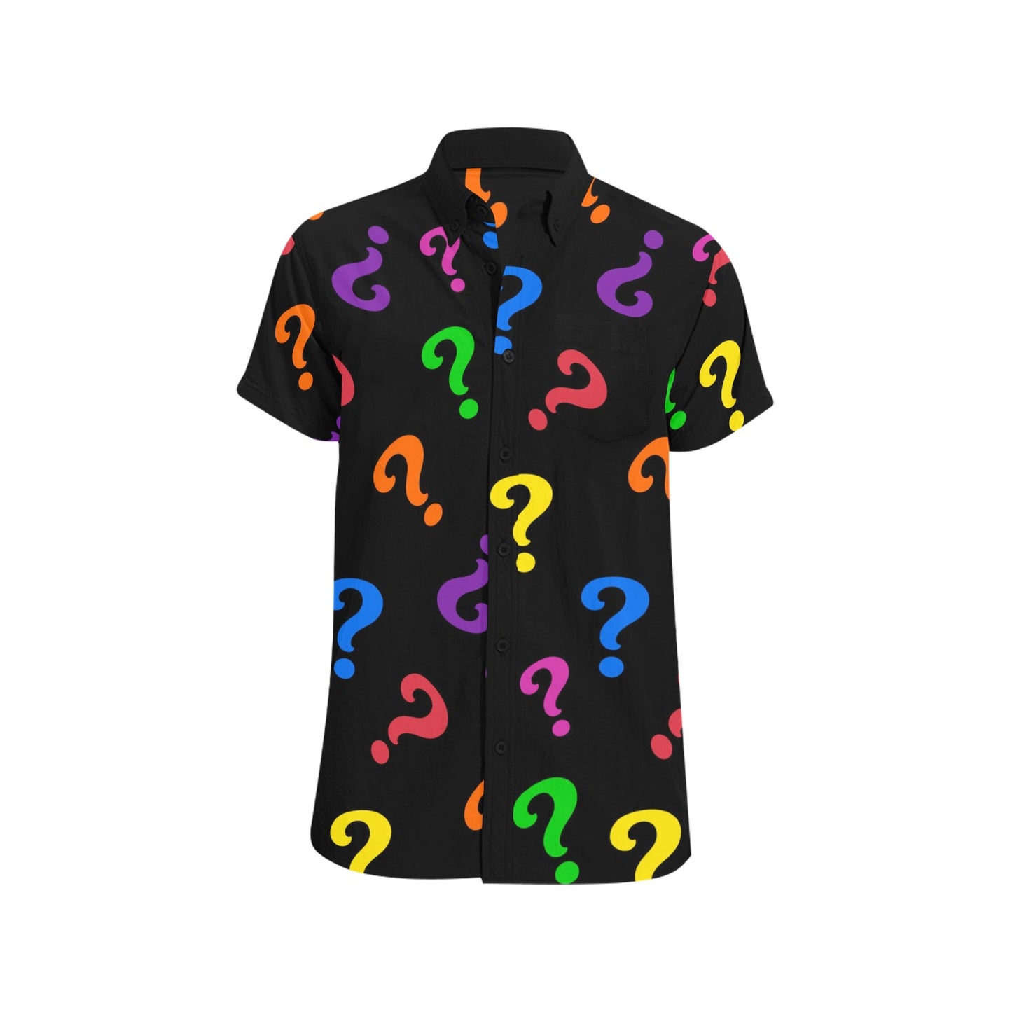 Black shirt with colorful question mark pattern on a white background