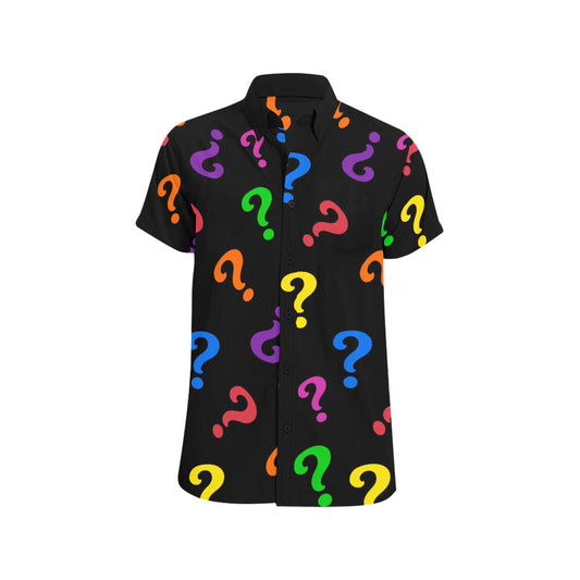 Black shirt with colorful question mark pattern on a white background