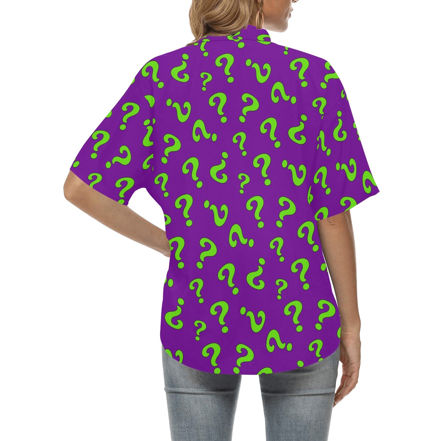 Purple shirt with green question mark pattern for magicians and entertainers