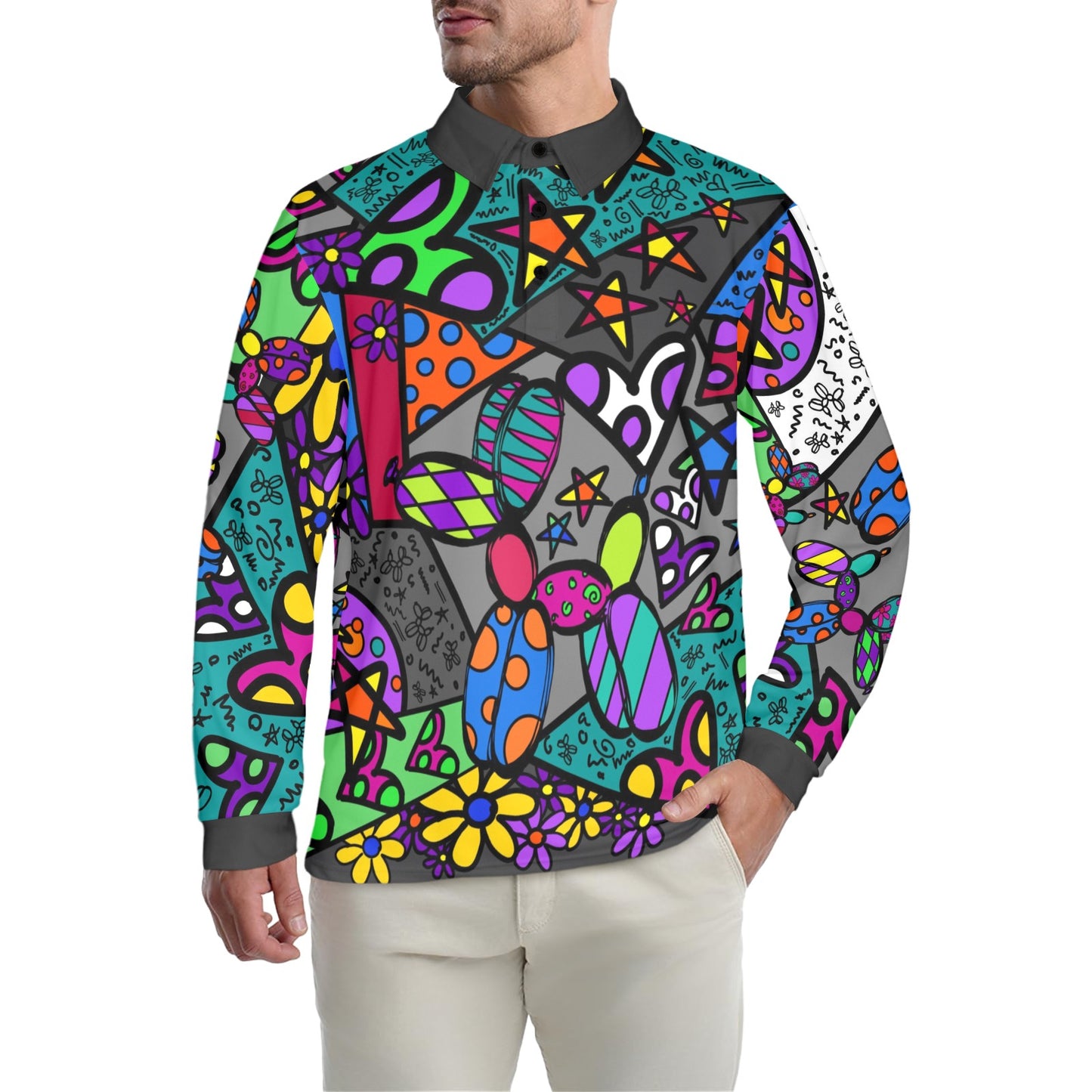 Patchwork Pup Long sleeve Polo Shirt for balloon twisters