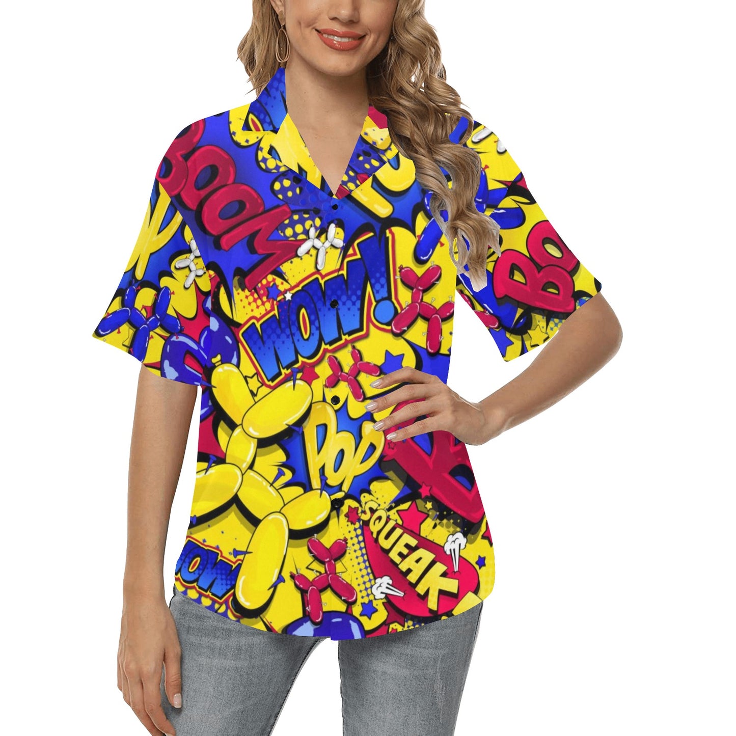 Women's Balloon Twisting Shirt pop art Yellow, Blue and Red