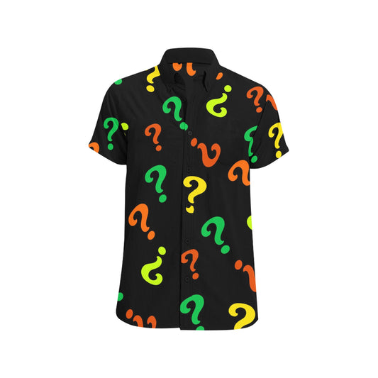 Black shirt with orange and green question marks