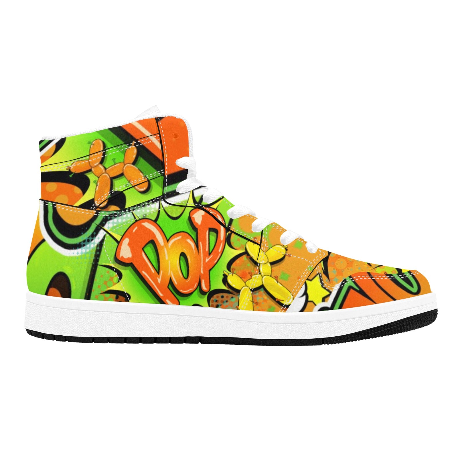 Orange and green pop art high tops with balloon dogs 