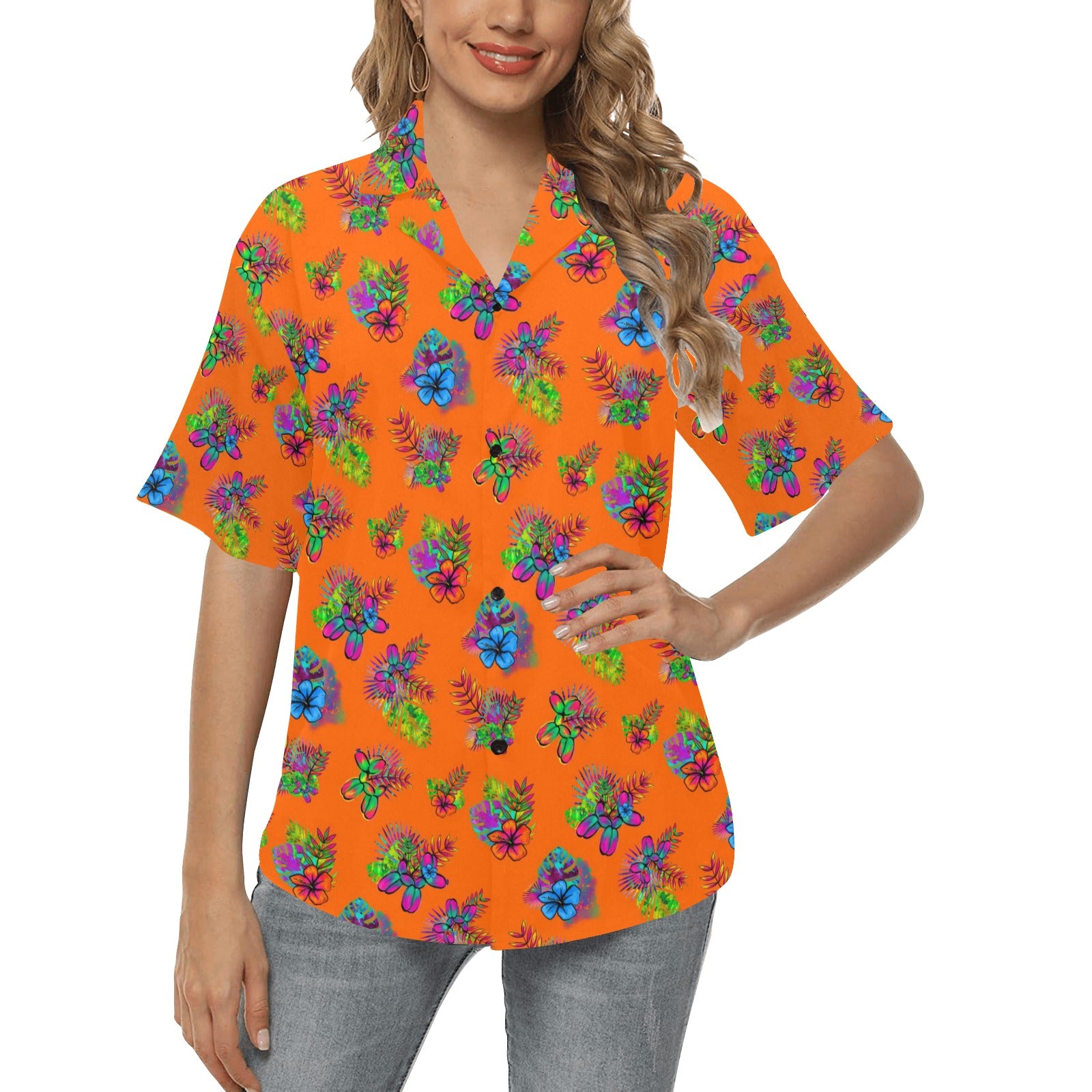 Women's Hawaiian Shirt with tropical flowers and Balloon Dogs