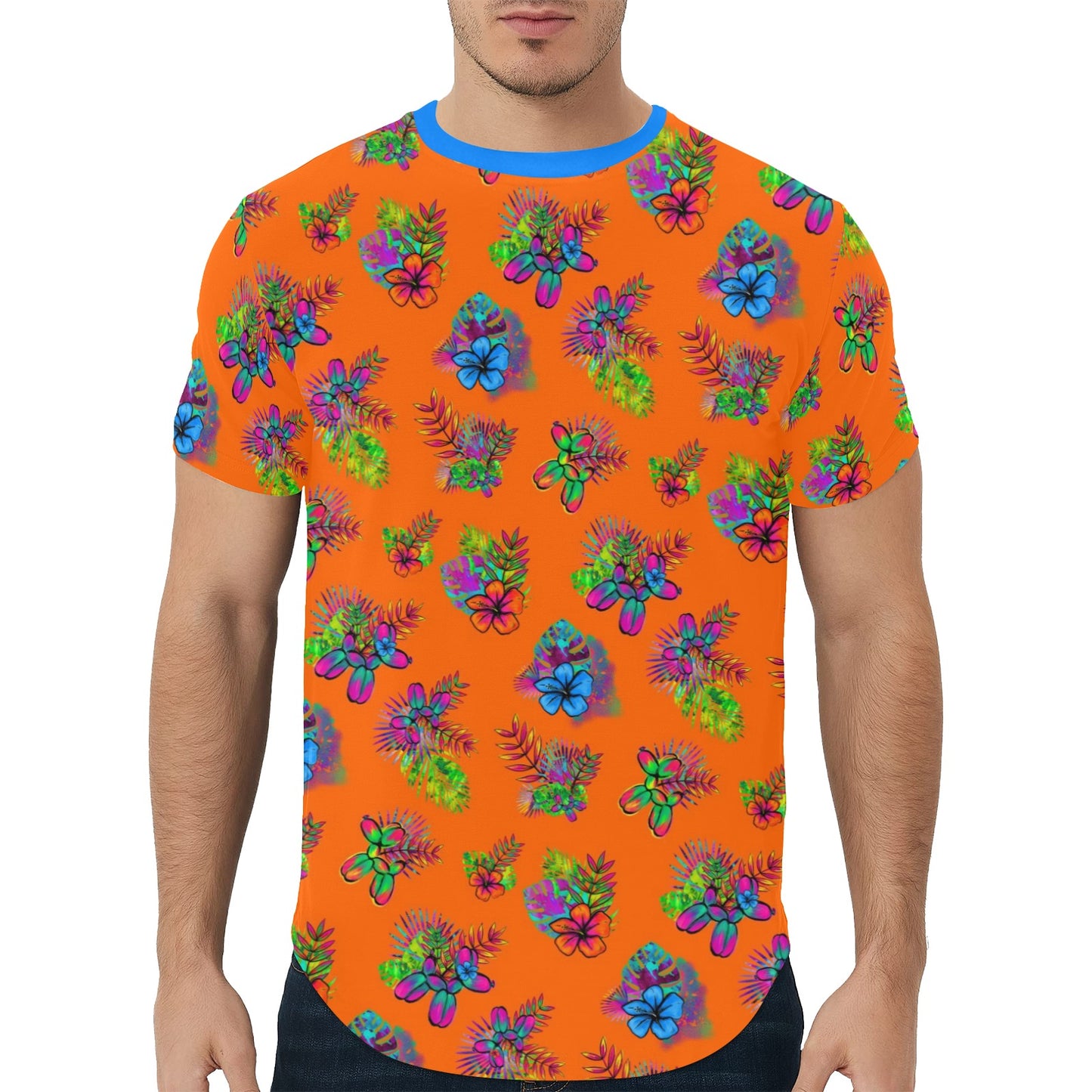 Orange Balloon artist shirt with tropical flowers
