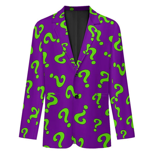 Purple suit jacket with green question mark pattern