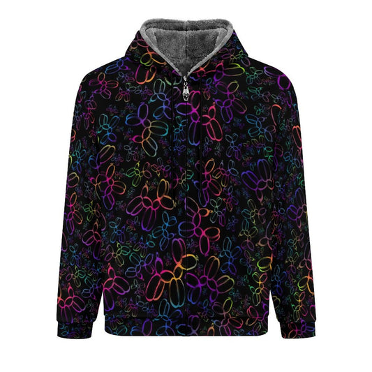 Black fleece hoodie with rainbow balloon dogs for balloon twisters
