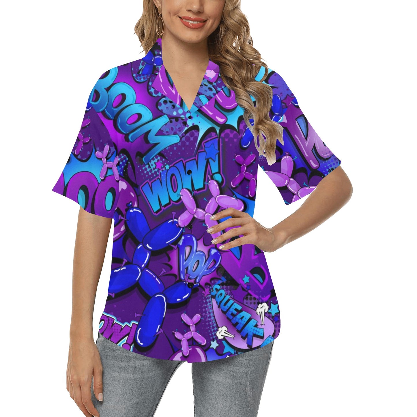 Balloon Twisting Hawaiian Shirt for Women - Purple and Blue Pop Art Design