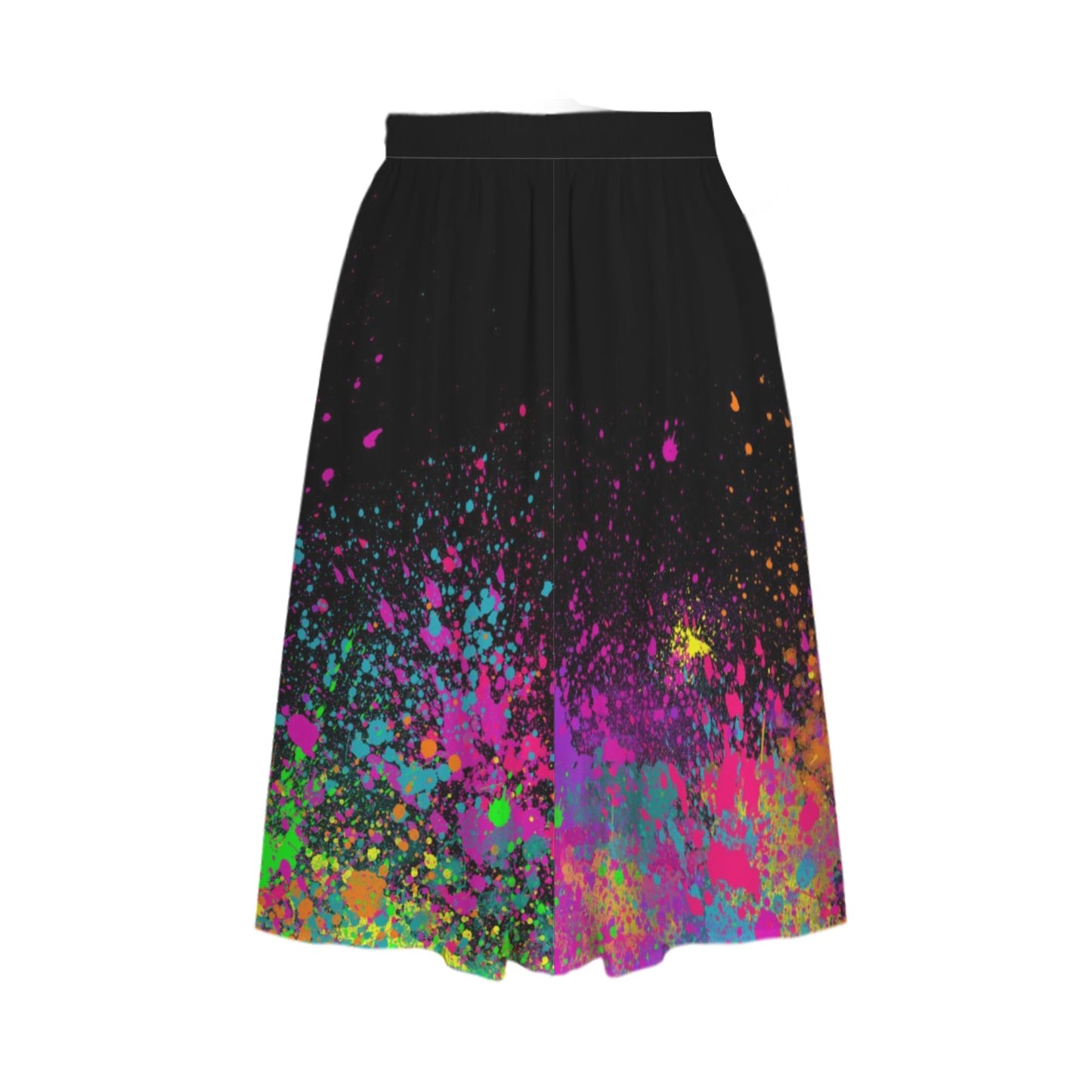 Black skirt with colorful splatter pattern on a white background