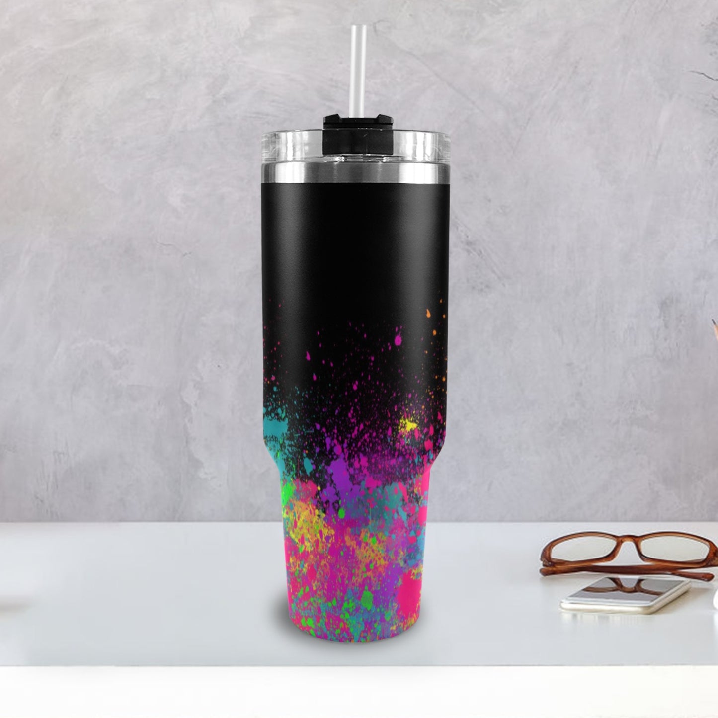 Paint Splatter design on large stainless steel cup