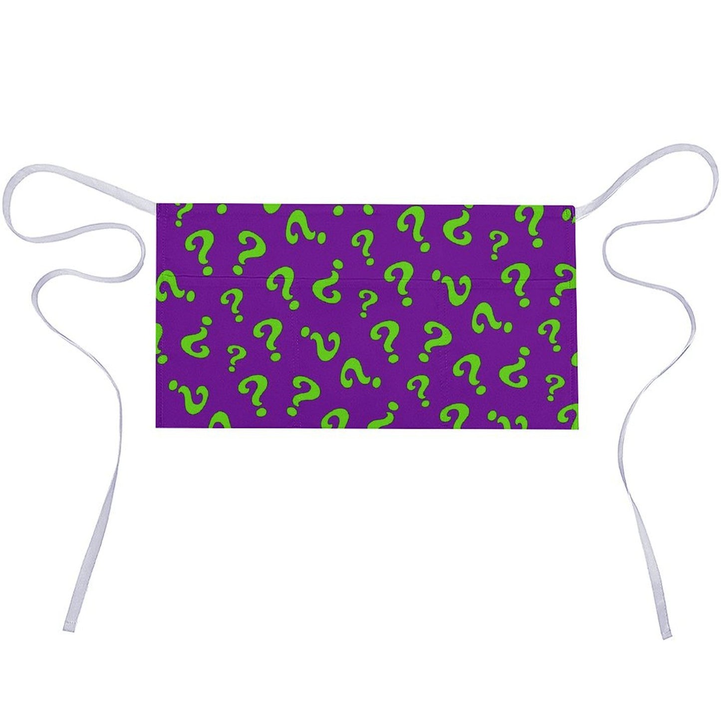 Purple apron with green question marks