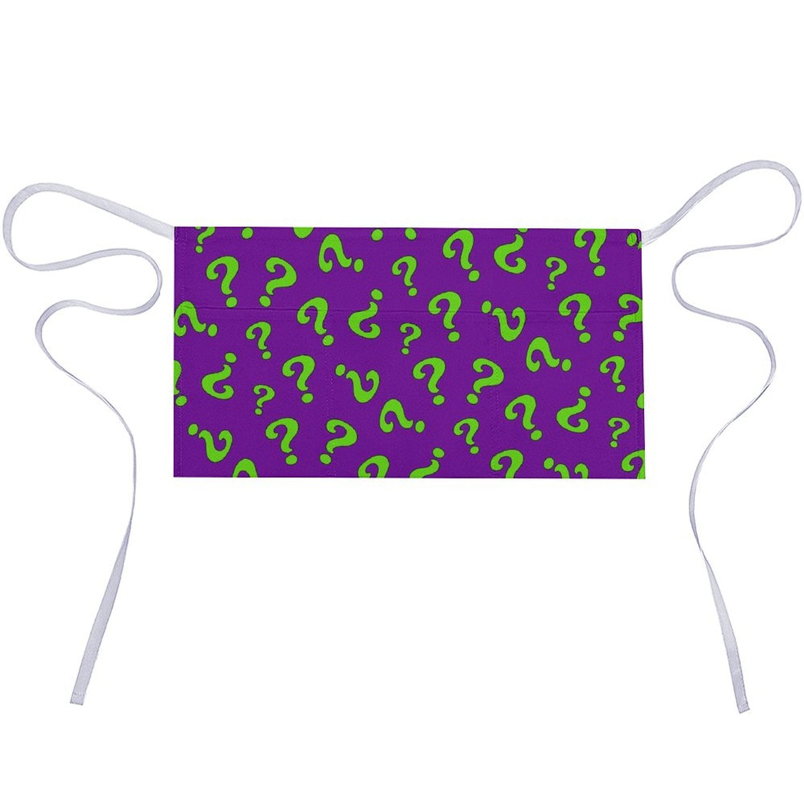 Purple apron with green question marks