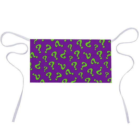 Purple apron with green question marks