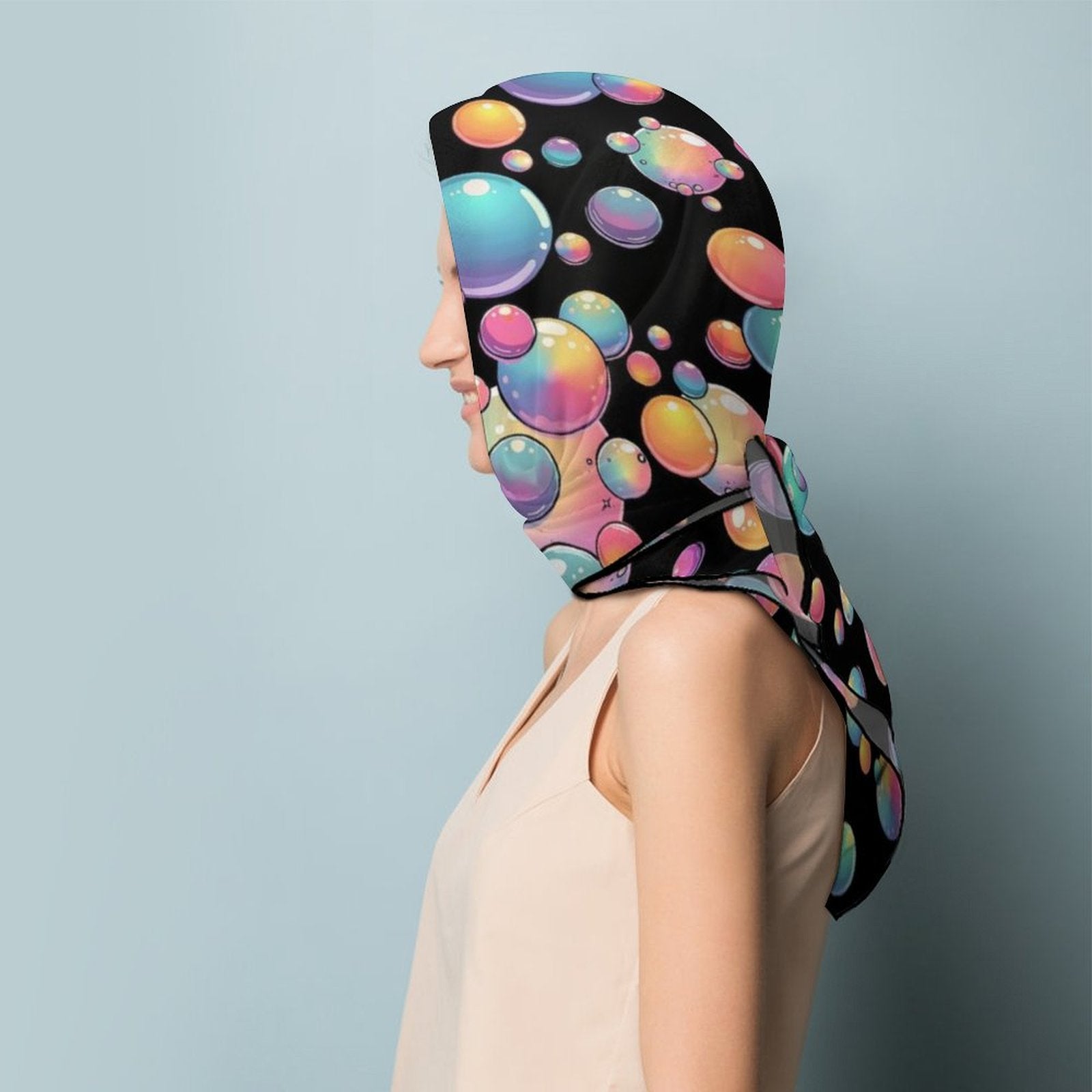 Bubble artist scarf black with pastel rainbow bubbles