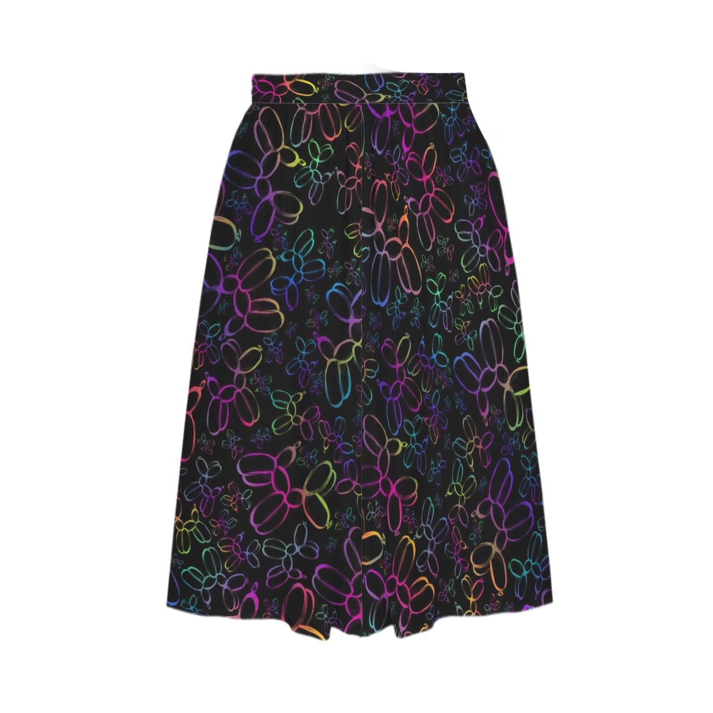 Skirt with colorful balloon dog pattern on a black background