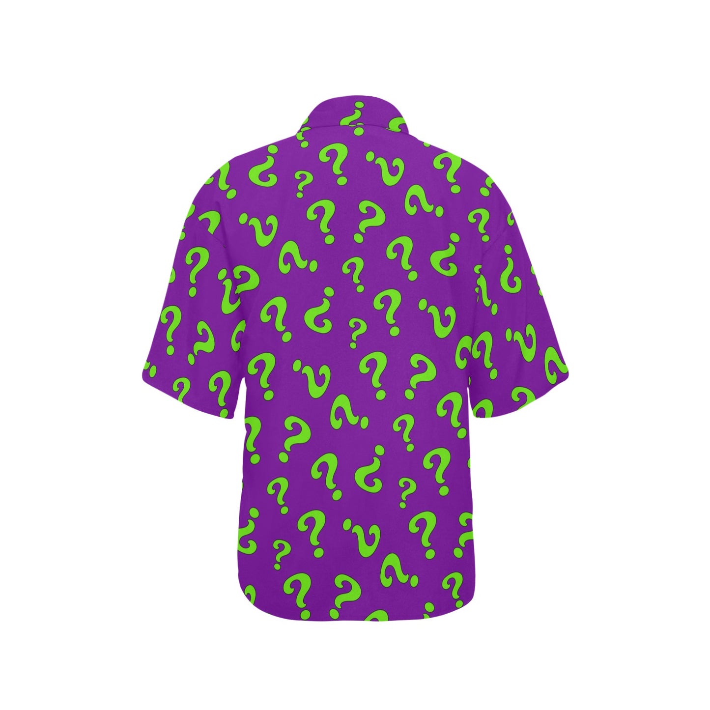 Purple magicians shirt with green question marks
