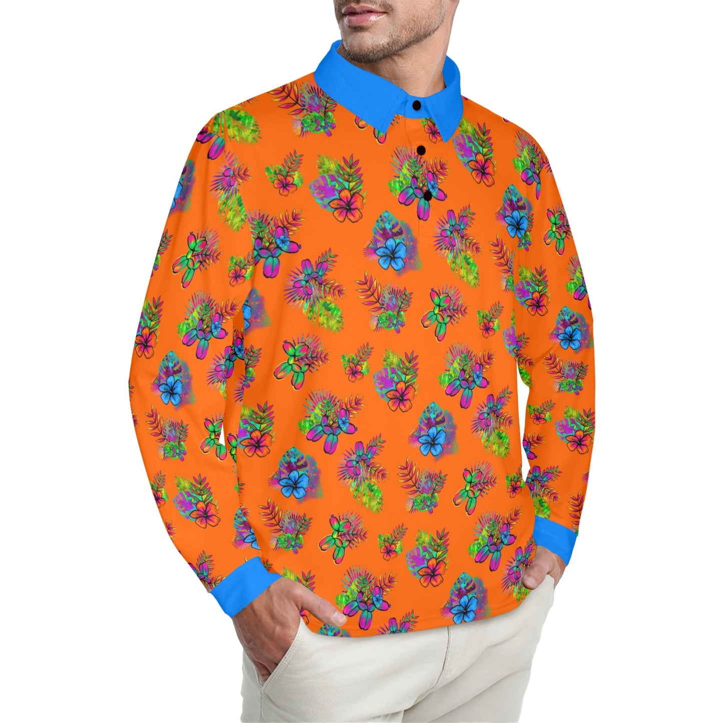 Tropical balloon dogs on orange long sleeve polo shirt