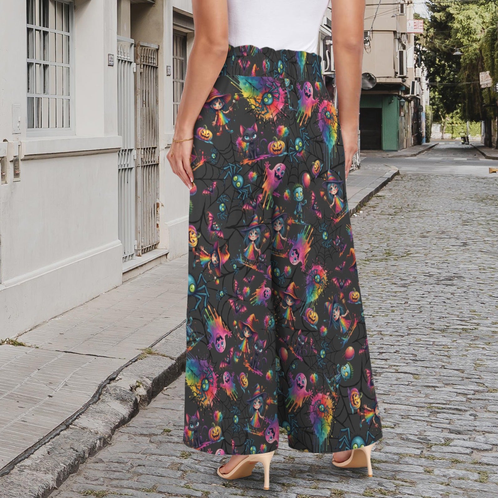 Black Wide leg pants with fun colourful Halloween design for Face Painters and Artists
