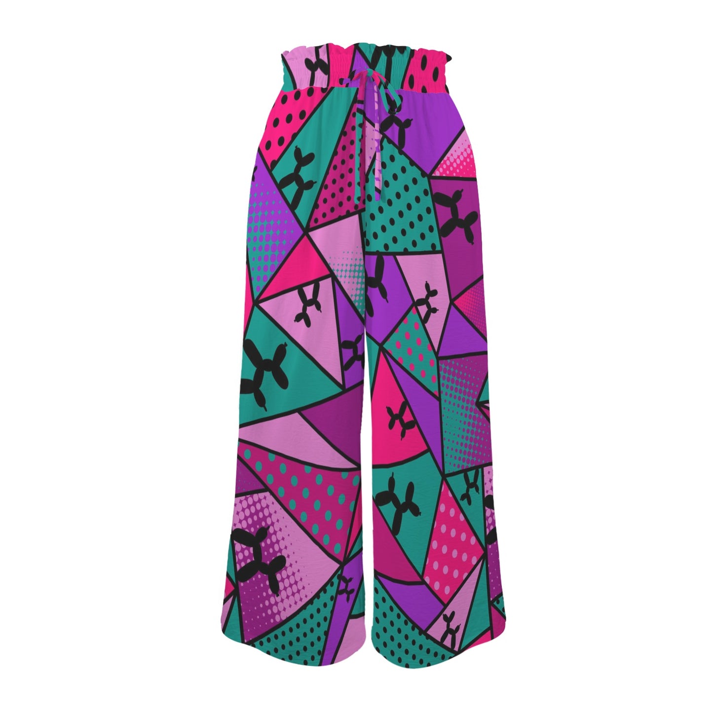 Colourful balloon dog patterned pants on a white background