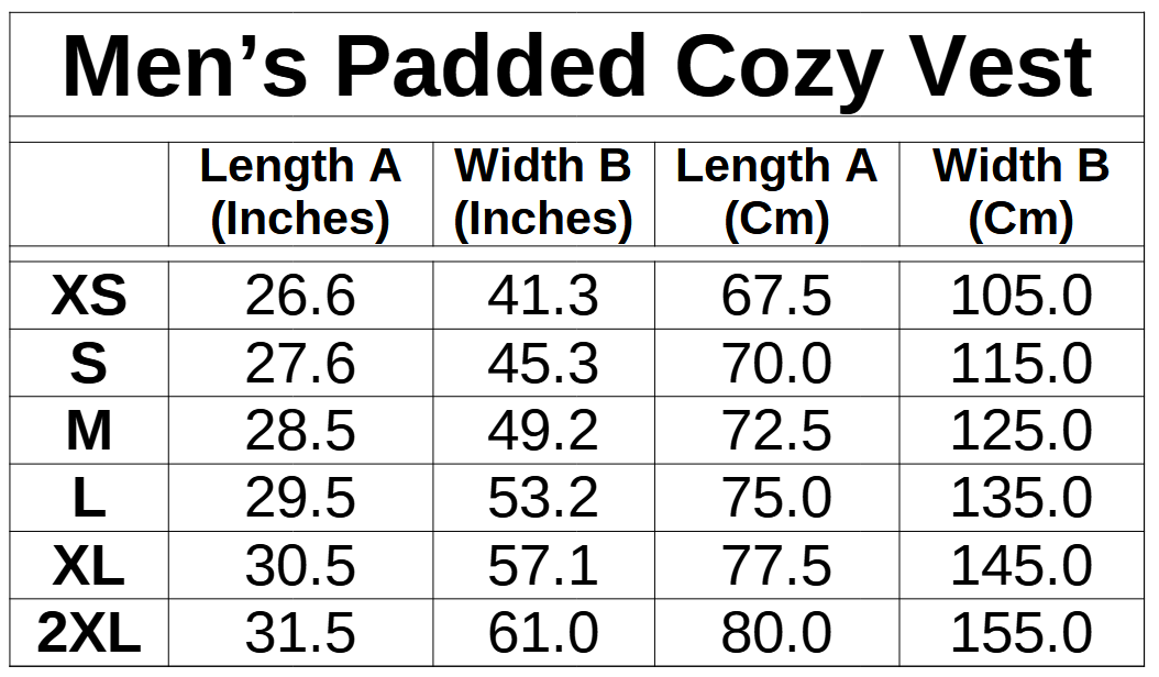 Face Painter clothing sizing guide for vest